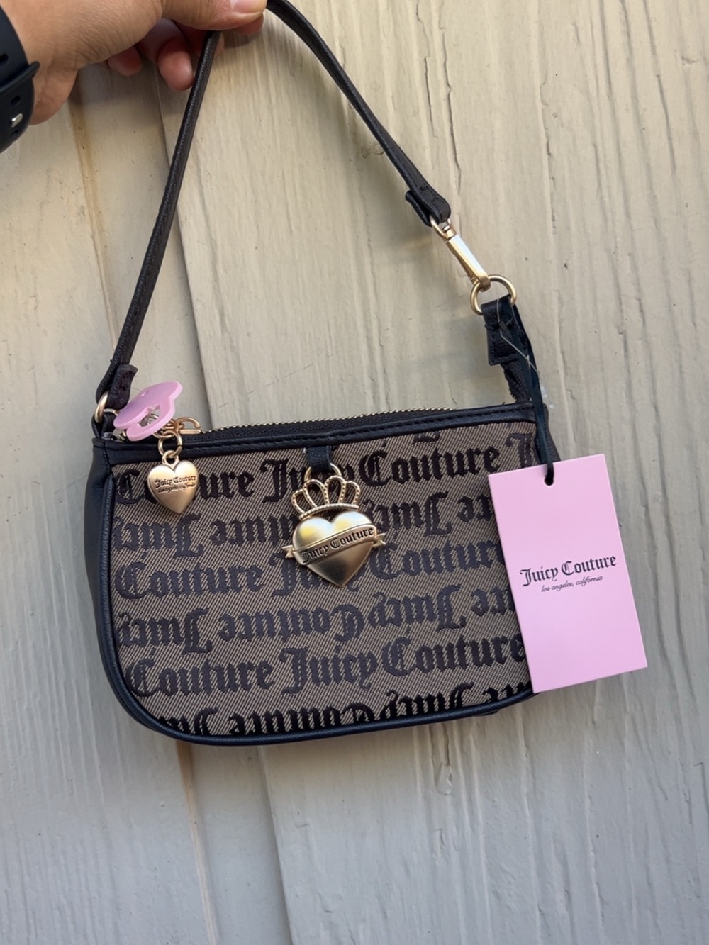 Juicy Couture Brown Logo Mini Shoulder Bag with Gold Heart Charm and Pink Tag